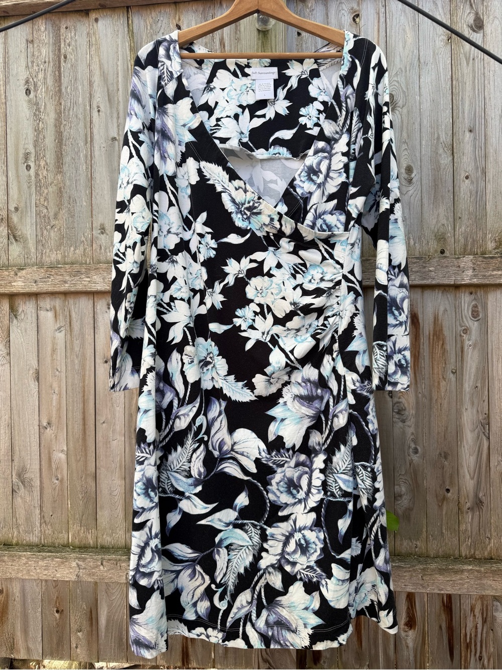Soft Surroundings Midi Faux Wrap Dress Floral Black Jersey Cotton Cottagecore